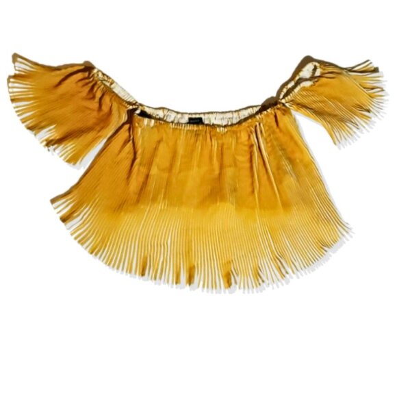 M - Forever 21 Women's  Pleated Off-Shoulder Crop: Yellow Mustard Flowy Crop Top - Picture 3 of 7